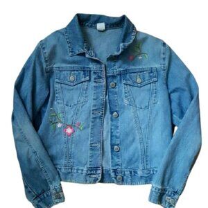 2/$40 Light wash vintage denim jacket with custom  floral embroidery details